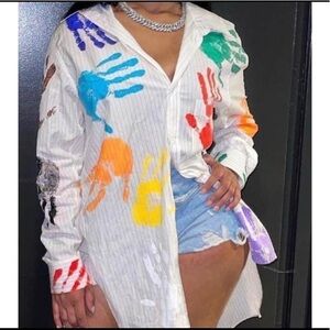 Button down blouse. Multicolored handprints. NWOT. Small